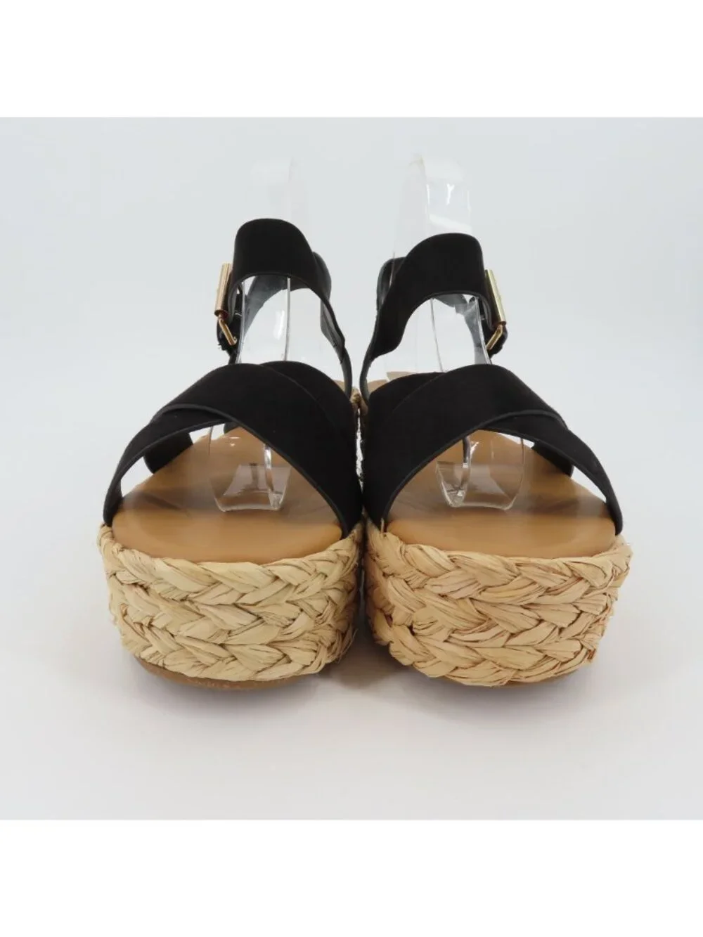 Qupid Women 9 Black Synthetic Strappy Woven Raffia Platform Wedge Sandals Shoes